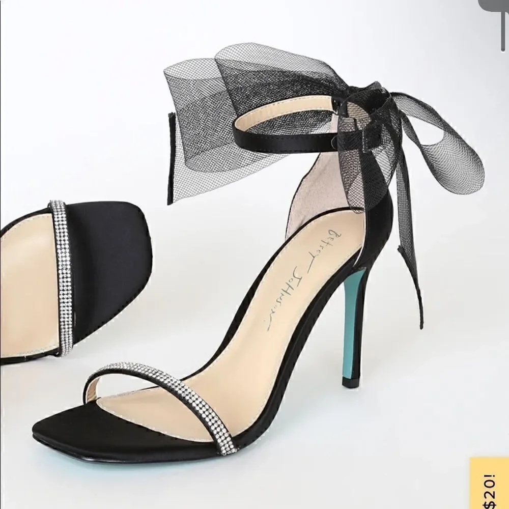 Betsy Johnson SB-Tori Black Satin Rhinestone Bow Ankle Strap